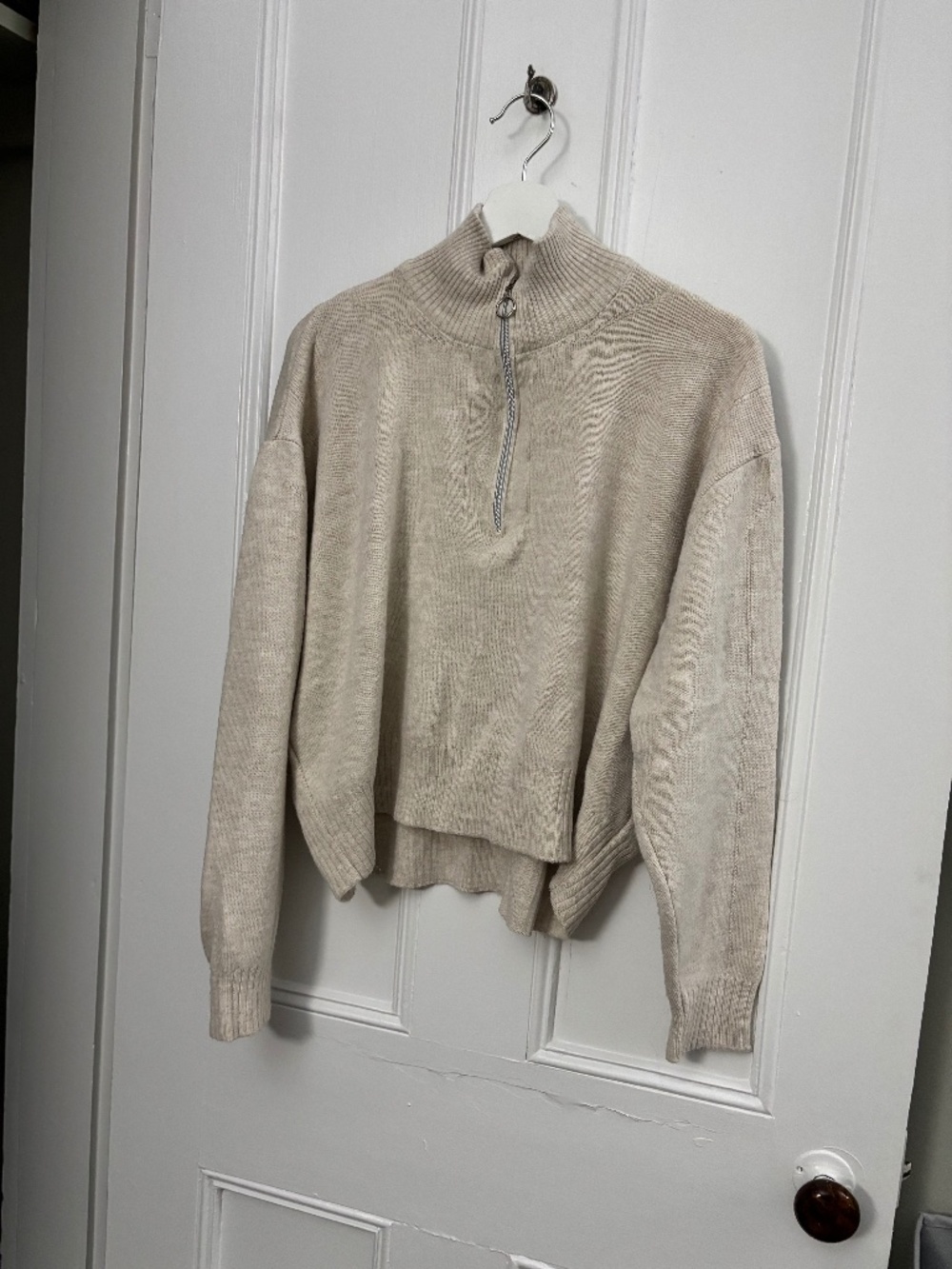 Beige sweater half-zip ribbed knit pullover